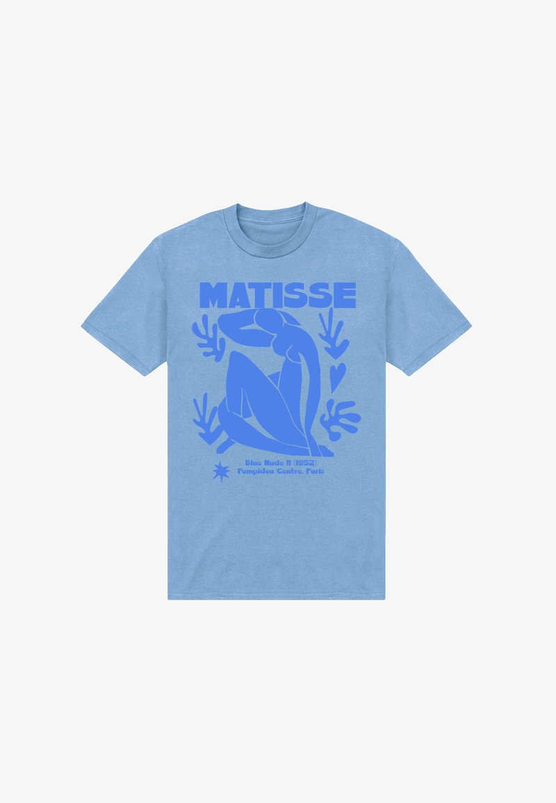 Světle modré tričko s modrou grafikou sedící postavy, text "MATISSE" a "Blue Nude II (1952)", se zelenými akcenty.