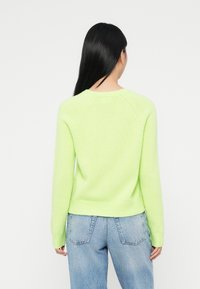 Zielona sweter z dzianiny w kolorze limonkowym, o okrągłym dekolcie, raglanowych rękawach i prążkowanym dole, pokazany z tyłu z jasnoniebieskimi dżinsami.