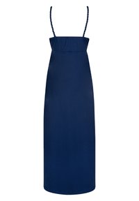 Marineblaue ärmellose Kleid mit geflochtenen Trägern, einem taillierten Oberteil und einem fließenden, geraden Rock. Hergestellt aus weichem, leichtem Stoff.