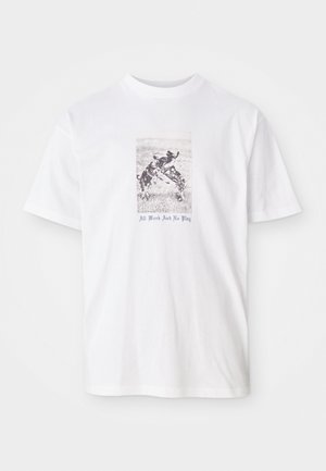 White cotton t-shirt featuring a central graphic of dogs playing, with the text "All Work And No Play" in blue beneath the image.