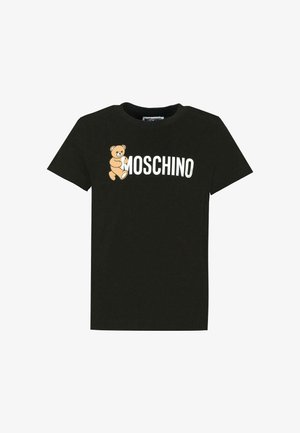 Musta puuvillapaita, jossa on karhuryntätä ja valkoinen "MOSCHINO" -teksti. Lyhyet hihat, pyöreä kaula-aukko ja rento malli. Sujuva pinta.