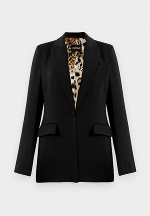Black blazer with a tailored design, single button closure, two front pockets, and leopard print lining. Smooth fabric and structured shape.