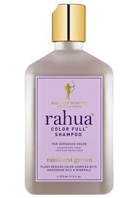Rahua Color Full Shampoo i en genomskinlig flaska med rundad form, lila etikett, guldkapsyl och text som lyfter fram växtbaserade ingredienser.