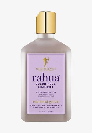 Rahua Color Full Shampoo in einer klaren Flasche mit runder Form, lila Etikett, goldener Kappe und Text, der pflanzliche Inhaltsstoffe hervorhebt.