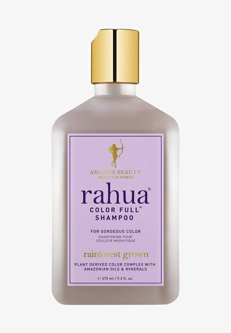 Rahua Color Full Shampoo in einer klaren Flasche mit runder Form, lila Etikett, goldener Kappe und Text, der pflanzliche Inhaltsstoffe hervorhebt.