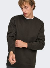 Mørkegrøn sweatshirt lavet af blødt stof. Har rund halsudskæring, lange ærmer og ribbede manchetter. Enkelt design uden mønstre eller detaljer.