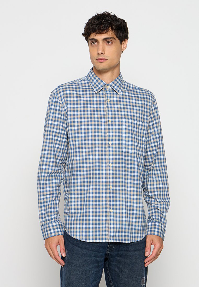 Blauw en beige geruit overhemd met een normale pasvorm, button-down kraag en een borstzak; gladde katoenstof, lange mouwen.