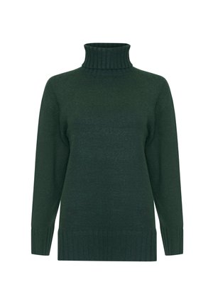 Jersey verde de cuello alto de punto con mangas largas, textura acanalada y un cuello ajustado. Presenta un dobladillo recto y un corte relajado.