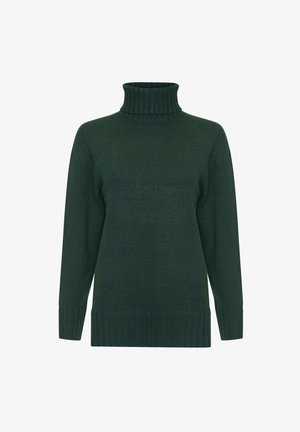 Grøn strikket turtleneck sweater med lange ærmer, ribbet tekstur og en tætsiddende hals. Har en lige kant og en løs pasform.