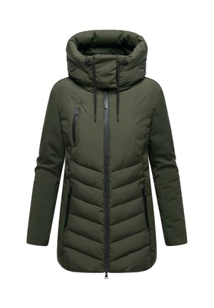 Doudoune verte avec une capuche oversize, fermeture éclair à l'avant et coupe slim. Présente un motif matelassé horizontal et deux poches latérales.