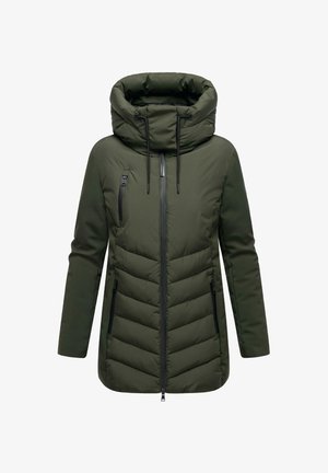 Zeleni puhač s prevelikim kapuljačom, zadrgo na sprednji strani in ozkim krojem. Ima vodoravni prešiti vzorec in dve stranski žepi.