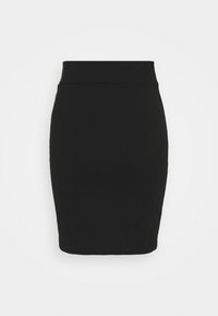 Falda lápiz negra hasta la rodilla con una cintura alta, textura lisa y silueta ajustada sobre un fondo blanco.