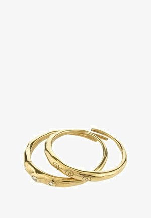Gold-tone hoop earrings featuring a wavy design with small circular accents and a polished finish. Two intertwined hoops displayed.