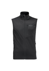 Black softshell vest with a high collar, front zip closure, side zip pockets, and a chest pocket. Features a subtle logo on the upper left.