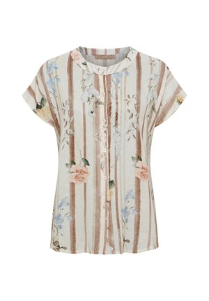 Kortærmet bluse med vertikale beige og brune striber og blomsterprint, rund halsudskæring og knapper foran.
