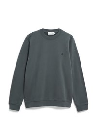Sweat-shirt gris en mélange de coton doux, avec un col rond, des manches longues et un petit logo sur la poitrine gauche. Design simple.