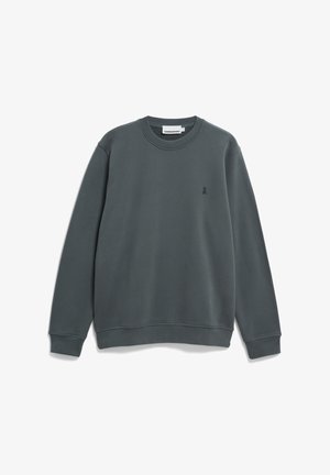 Grauer Sweatshirt aus weichem Baumwoll-Mix, mit Rundhalsausschnitt, langen Ärmeln und einem kleinen Logo auf der linken Brust. Einfaches Design.