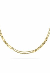 Halskette in Goldton mit ineinander greifenden Kettengliedern und strukturiertem Finish, einschließlich zwei zusätzlichen feinen Kettensträngen für Details.