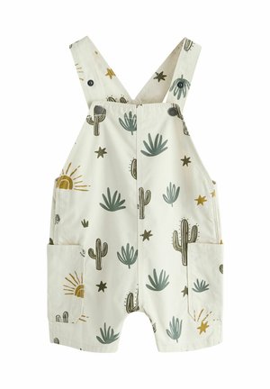 Kremine spalva kūdikių kombinezonas su kaktusų, saulės ir žvaigždžių raštais, turintis reguliuojamas petnešėles ir šonines kišenes.