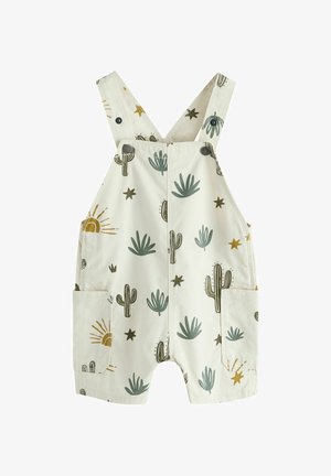 Kremine spalva kūdikių kombinezonas su kaktusų, saulės ir žvaigždžių raštais, turintis reguliuojamas petnešėles ir šonines kišenes.
