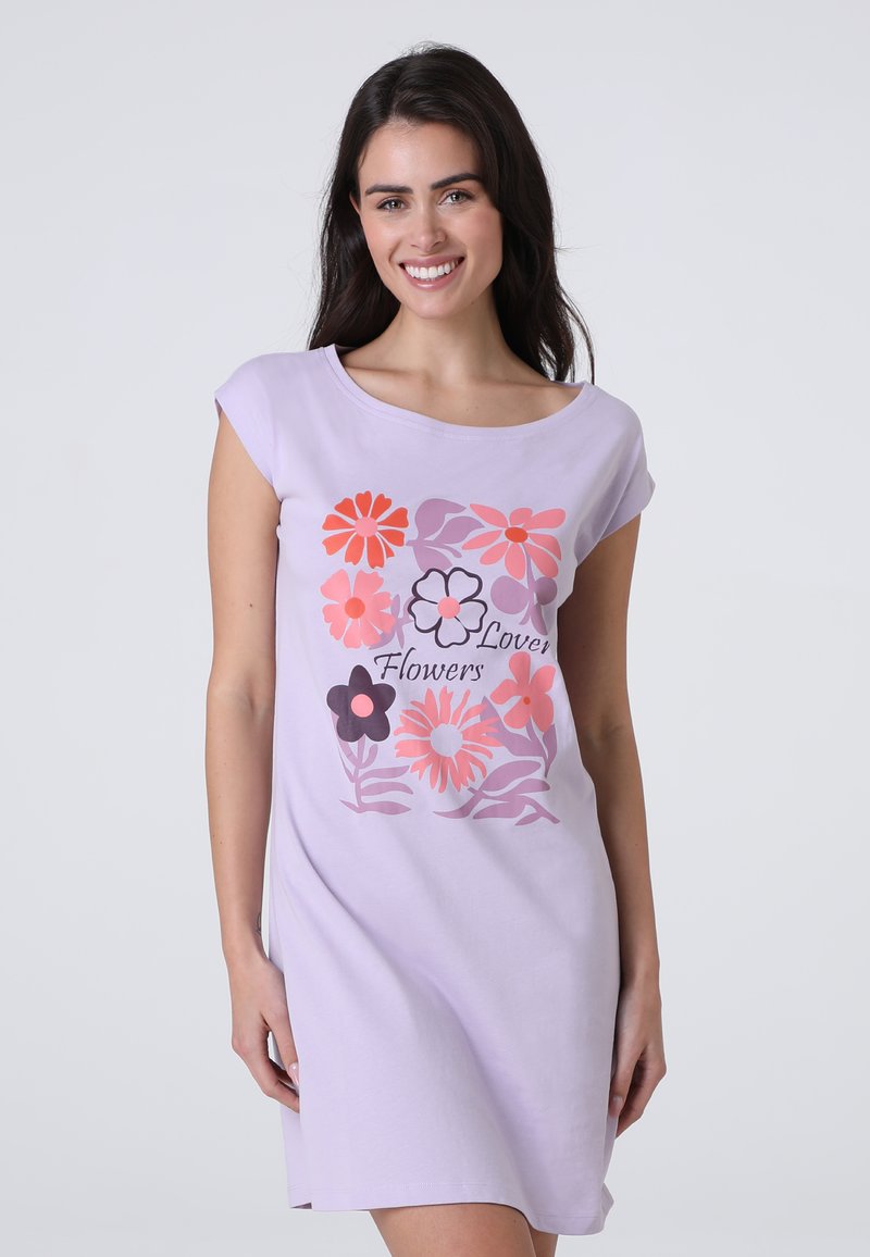 Abito lilac a maniche corte con stampa floreale in rosa, arancione e viola con la scritta "Lover Flowers". Tessuto in cotone morbido, vestibilità rilassata.