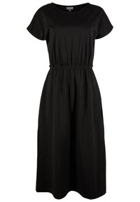 Musta mekko lyhyillä hihoilla, pyöreällä pääntiellä, elastisella vyötäröllä ja teksturoidulla ruudullisella kuvioinnilla hameessa. Keskipitkä malli.