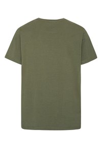Camiseta corta de manga en verde oliva liso mostrada desde la parte de atrás, con cuello redondo y detalles de costura visibles.