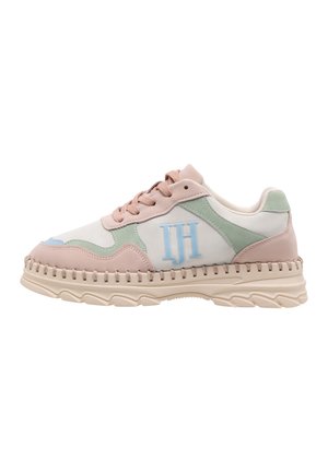 Sneakers featuring a mix of light pink, mint green, and white leather, with contrast stitching, a chunky outsole, and a logo on the side.