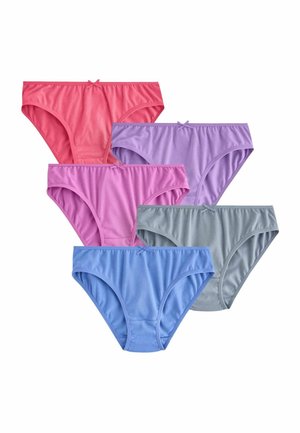 Fem kvinders bomulds bikini-trusser i rød, lilla, pink, grå og blå, hver med en lille sløjfe i taljens midte.