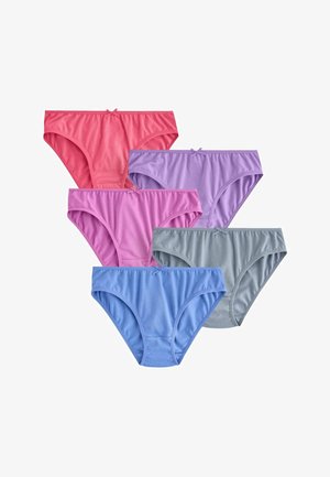 Päť dámskych bavlnených bikini nohavičiek v červenej, fialovej, ružovej, sivej a modrej farbe, každé s malou mašličkou v strede pásu.