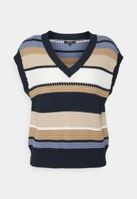 V-ringad stickad väst i nyanser av marinblått, beige och ljusblått. Har korta ärmar och en strukturerad, randig design.