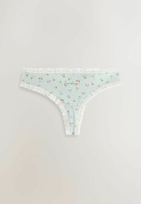 Thong albastre deschis cu imprimeu floral și dantelă albă. Prezintă cuvântul brodat "Duminică" într-o culoare contrastantă. Material moale din bumbac.