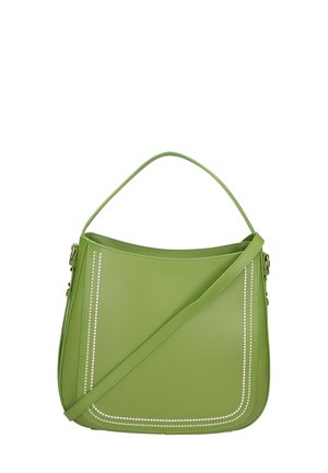 Borsa a mano in pelle verde con una forma curva, caratterizzata da dettagli di cucitura bianca e una tracolla rimovibile. Texture liscia e design strutturato.