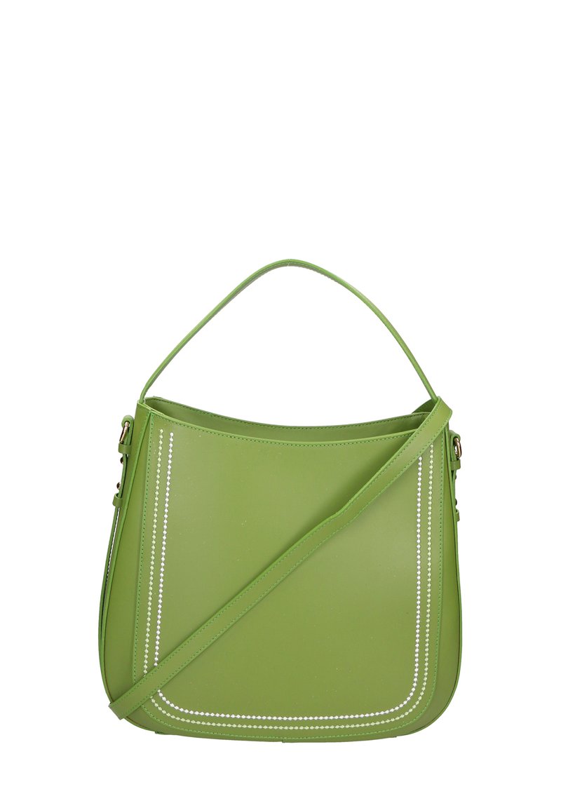 Borsa a mano in pelle verde con una forma curva, caratterizzata da dettagli di cucitura bianca e una tracolla rimovibile. Texture liscia e design strutturato.