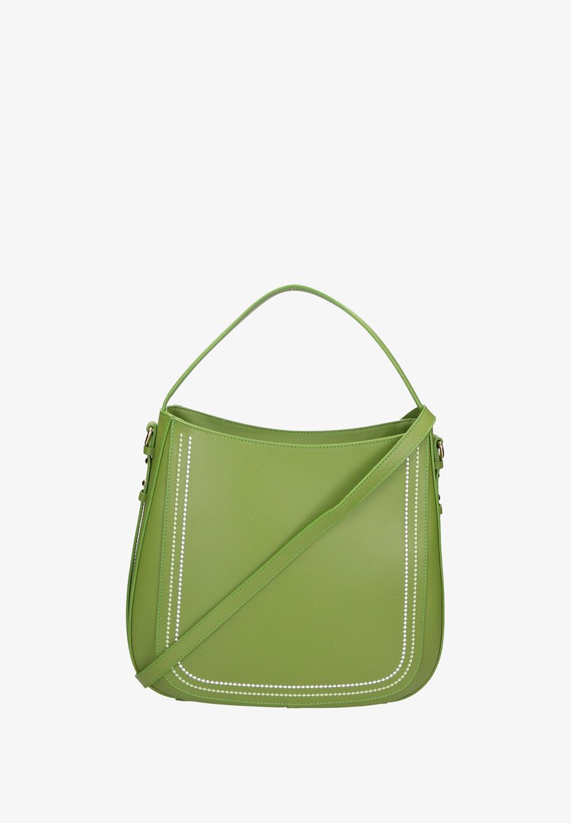 Borsa a mano in pelle verde con una forma curva, caratterizzata da dettagli di cucitura bianca e una tracolla rimovibile. Texture liscia e design strutturato.