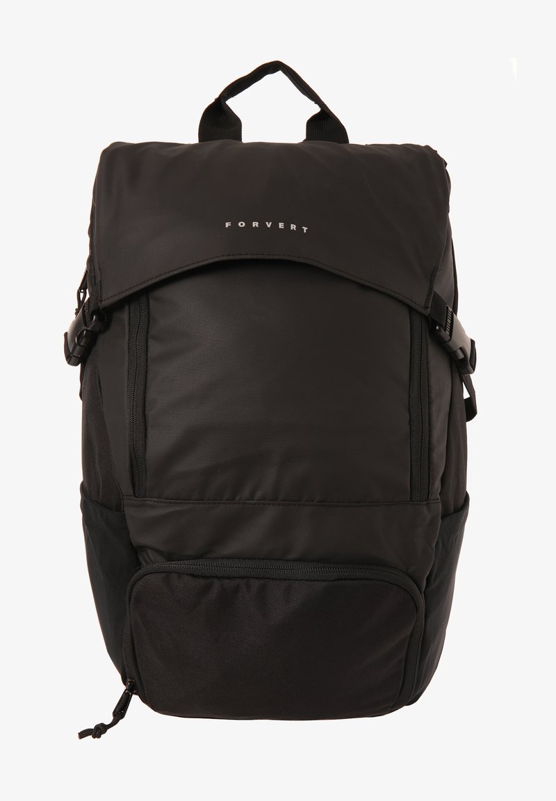 Black backpack made of durable material, featuring adjustable straps, a top handle, and a zippered front pocket. Smooth texture with minimalist design.