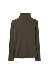 Olivgrüner Rollkragenpullover mit langen Ärmeln, aus geripptem Stretchstoff gefertigt; mit hohem Kragen und lockerer Passform am Saum.