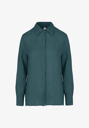 Türkisfarbenes Hemd mit langen Ärmeln, Knopfleiste, spitzem Kragen und Manschetten, auf weißem Hintergrund dargestellt.