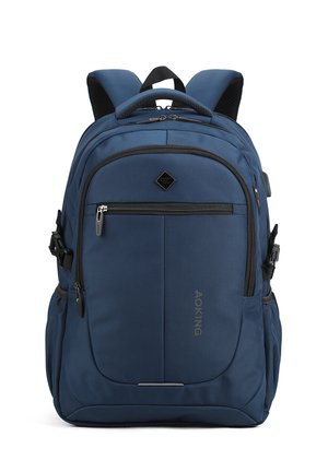 Blue multi-pocket backpack with padded shoulder straps, front zip pocket, side pockets, and top handle, designed for everyday use.