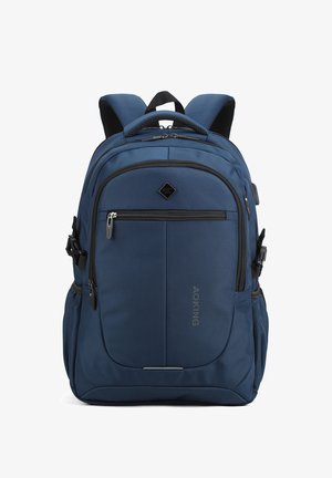 Sac à dos bleu avec plusieurs poches, bretelles rembourrées, poche zippée à l'avant, poches latérales et poignée supérieure, conçu pour un usage quotidien.