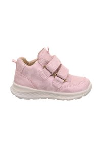 Chaussure rose pour tout-petit avec deux sangles en velcro, en suède doux, semelle blanche amortie et languette d'extraction au talon.