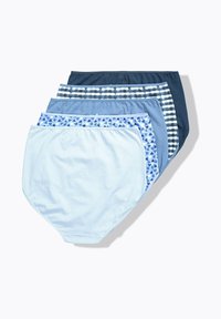 Pacchetto di cinque slip in cotone di diverse tonalità di blu. I modelli includono tinta unita, a quadretti e a cuori. Morbida cintura elastica.