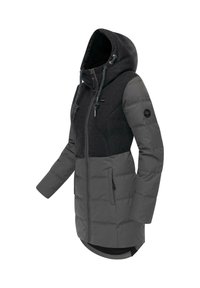 Cappotto puffer grigio con parte superiore in misto lana nera, chiusura con cerniera, due tasche laterali, cappuccio regolabile e tessuti a contrasto con texture diverse.