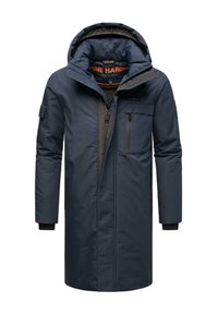 Navy modrá parka s kapucí, zipovým předním zapínáním a bočními kapsami. Má prošívanou podšívku a nastavitelný manžety.