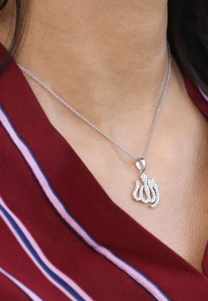 Zilveren hanger ketting met een ornamentaal kalligrafisch ontwerp en diamantachtige accenten, hangend aan een delicate ketting, weergegeven tegen een rode top.