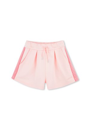 Shorts roses en tissu doux, dotés d'une taille élastique avec cordon de serrage, de poches latérales et d'accents en motif chevrons.