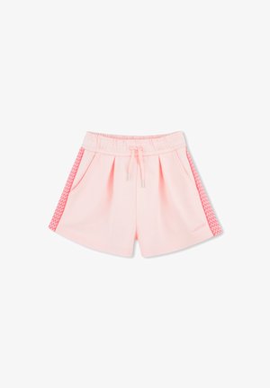 Pantaloni corti rosa realizzati in un tessuto morbido, dotati di una vita elastica con cordino, tasche laterali e dettagli a motivo spigato.