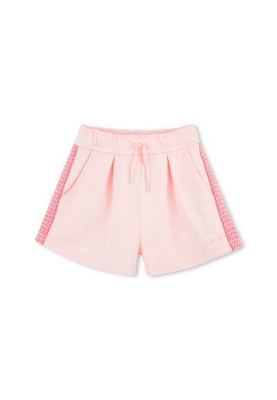 Pantaloni corti rosa realizzati in un tessuto morbido, dotati di una vita elastica con cordino, tasche laterali e dettagli a motivo spigato.
