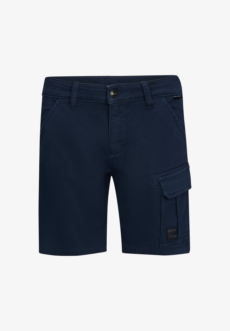Granatowe szorty wykonane z lekkiej tkaniny, z kieszenią cargo po boku, prostym krojem nogawek oraz zapięciem na zamek i guzik.