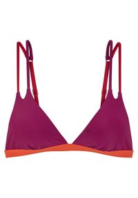Top triangolare del bikini in un profondo viola con dettagli arancioni a contrasto, dotato di spalline regolabili e tessuto liscio e elasticizzato.